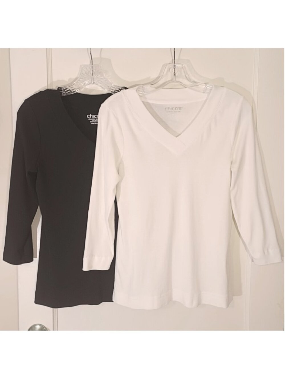 2 Chico's Pima Cotton 3/4 Sleeve V-Neck Tees Solid White Solid Black